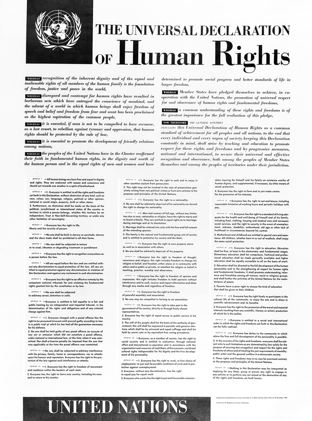 English version of a poster depicting the Universal Declaration of Human Rights. The Declaration was adopted and proclaimed by United Nations General Assembly resolution 217 A III of 10 December 1948.