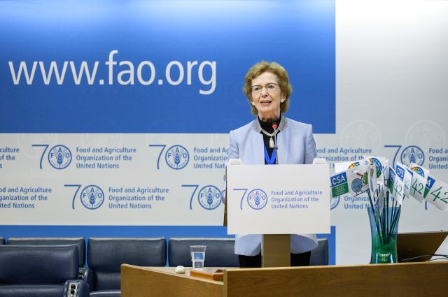 Mary Robinson during her keynote speech at the 42nd Session of the Committee on World Food Security (CFS) at the FAO headquarters in Rome. 13 October 2015 (Photo: FAO/Giuseppe Carotenuto)